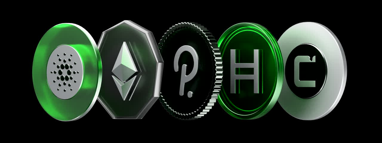 Five metallic cryptocurrency-style coins with Cardano, Ethereum, Polkadot, H, and C-like symbols on a black background.