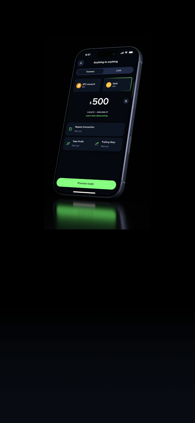 Tilted smartphone displaying a dark trading app screen for a $500 BTC-to-gold transaction.